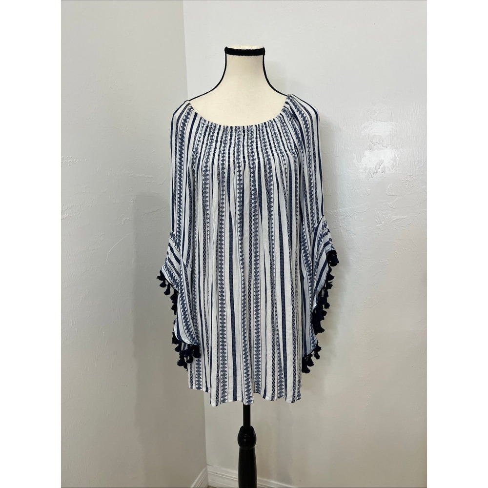 Studio West Blouse Womens S Blue White Good Tassel Bell Sleeve Smocked Top